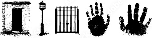 Grunge black and white urban set with abandoned door, lamp post, fence, and handprints for design use