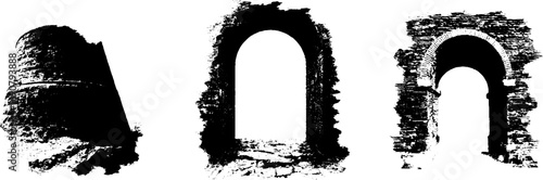 Grunge black and white illustration set of abandoned structures for urban design projects