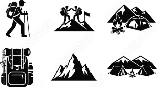 Black hiking and camping icons set with backpacker, mountain climbers, camping tents, campfire, backpack, mountains, outdoor adventure symbols.