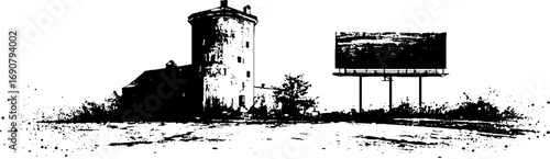 Grunge black and white urban scene featuring abandoned building and billboard for creative design