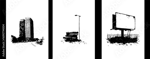 Grunge black and white urban decay set featuring abandoned structures and street elements