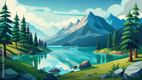 Vector art of scenic mountain landscape with a tranquil lake reflecting the towering peaks and lush greenery, creating a serene and picturesque natural vista
