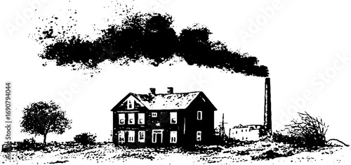 Grunge black and white abandoned house with smokestack - urban decay illustration for posters and designs