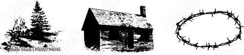 Grunge black and white illustration set featuring abandoned cabin and wilderness elements
