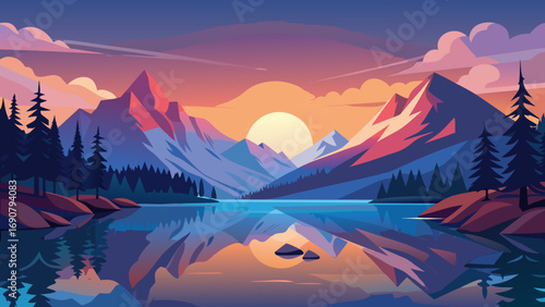 Vector art of serene lake reflecting the majestic mountains and vibrant sunset, with the warm colors painting the sky and water in a breathtaking display