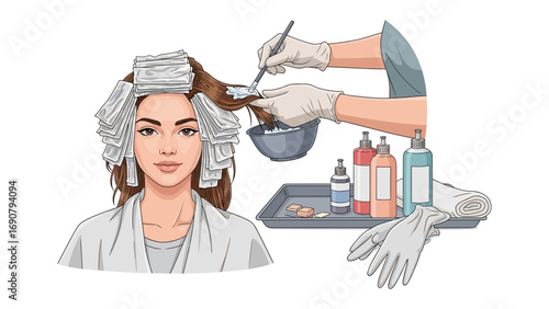 Young woman with hair wrapped in foil for highlights receiving hair coloring treatment from a stylist in a salon setting