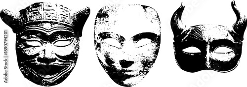 Grunge black and white african masks illustration for design and art projects