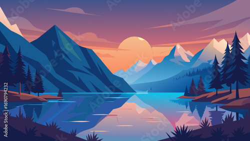 Vector art of scenic mountain landscape with a tranquil lake reflecting the sky and surrounding peaks, framed by lush pine trees in a peaceful setting