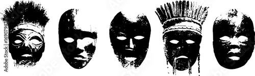 Grunge black and white african mask set for tribal design and art projects