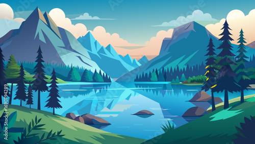 Vector art of picturesque mountain lake scenery with majestic peaks, verdant forests, and a serene lake mirroring the sky in a peaceful, scenic panorama