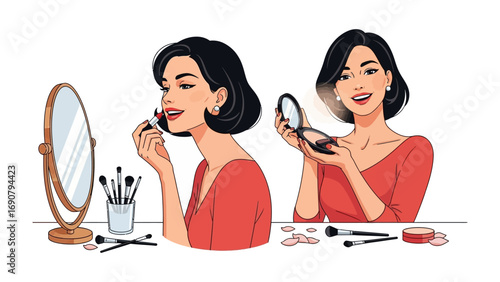 Young woman applying makeup in front of a mirror with various cosmetics and brushes on a table