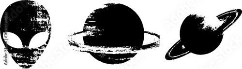 Grunge black and white alien and planets illustration for space themed design