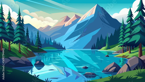 Vector art of serene mountain lake landscape with towering peaks, lush forests, and crystalclear water reflecting the sky in a tranquil, scenic vista