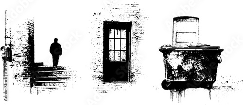 Grunge black and white urban alley scene with silhouette and distressed elements for design