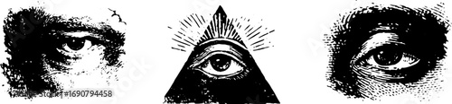 Mysterious eye illustrations with grunge black and white aesthetic for urban art and design