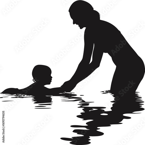 Parent and Child Learning to Swim