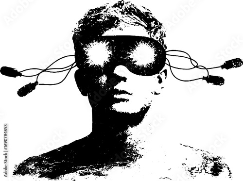 Futuristic cyberpunk grunge black and white android silhouette with headset connections