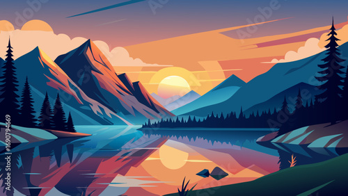 Vector art of a picturesque mountain landscape with a serene lake reflecting the vibrant colors of the sunset, creating a peaceful and idyllic natural scene