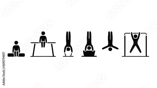 A minimalist line art illustration of a gymnastics equipment sequence. Isolated on a transparent background.