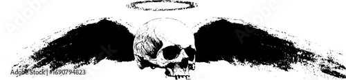Grunge black and white angel skull with wings and halo for urban design