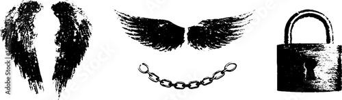 Grunge black and white illustration of angel wings, broken heart, chain, and lock for urban design