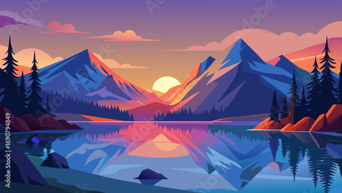 Vector art of a serene mountain landscape reflecting in a calm lake at sunset, with vibrant colors painting the sky and water in a beautiful display of natures beauty