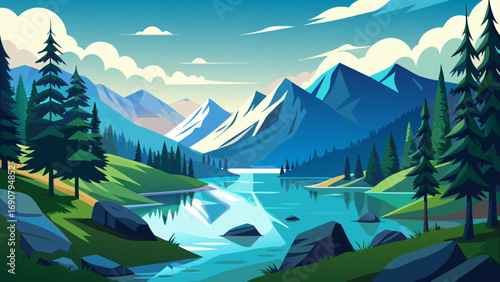 Vector art of breathtaking mountain vista featuring a crystalclear lake mirroring the towering mountains and vibrant green trees under a bright blue sky, a tranquil nature escape