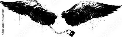 Grunge black and white angel wings with lock chain design for urban art