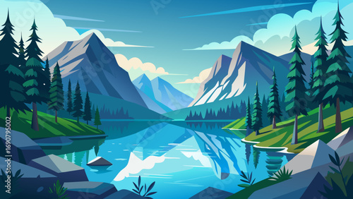 Vector art of stunning mountain landscape showcasing a serene lake reflecting the imposing peaks and lush forests, creating a harmonious blend of natural beauty and tranquility