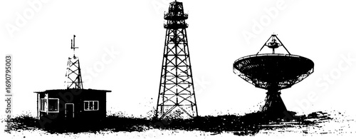 Grunge black and white antenna silhouettes for urban design and posters
