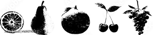 Grungy black and white fruit sketch set for vintage urban design