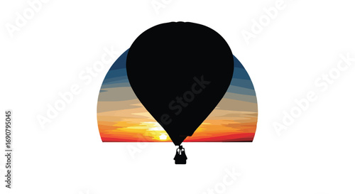 Silhouette of a hot air balloon ascending against a vibrant sunset sky