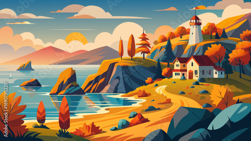 Vector art of a breathtaking coastal scene featuring a lighthouse and houses on a cliff, surrounded by autumn trees, with a serene sea and a vibrant sunset