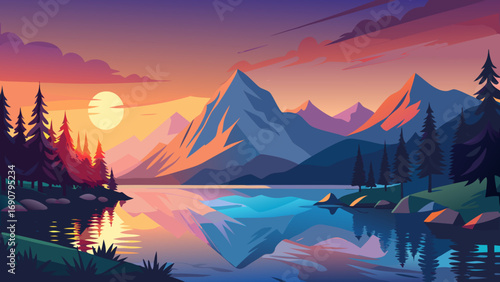 Vector art of a breathtaking sunset over a serene lake, with majestic mountains reflecting in the calm water and vibrant colors painting the sky in hues of orange and purple