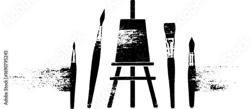Grunge black and white art tools set with easel and brushes for creative design