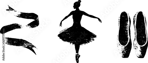 Grunge black and white ballet silhouette set for artistic design and decor