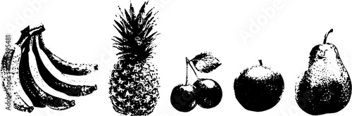 Grunge black and white fruit illustration set featuring banana, pineapple, cherry, orange, pear