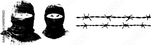Grunge black and white barbed wire and masked figures illustration for urban design projects