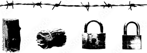 Grunge black and white barbed wire, lock, and wood set for urban design