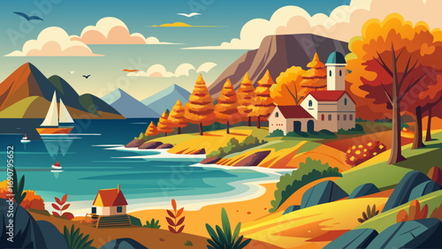 Vector art of picturesque coastal scene with a sailboat gliding on the tranquil water, a charming house nestled amidst vibrant autumn foliage, and mountains