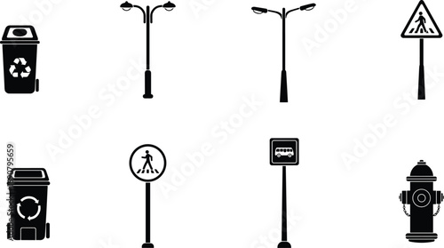 City services icons set, recycling bins, street lamps, pedestrian crossing signs, bus stop signs, fire hydrant, urban public utilities, city infrastructure