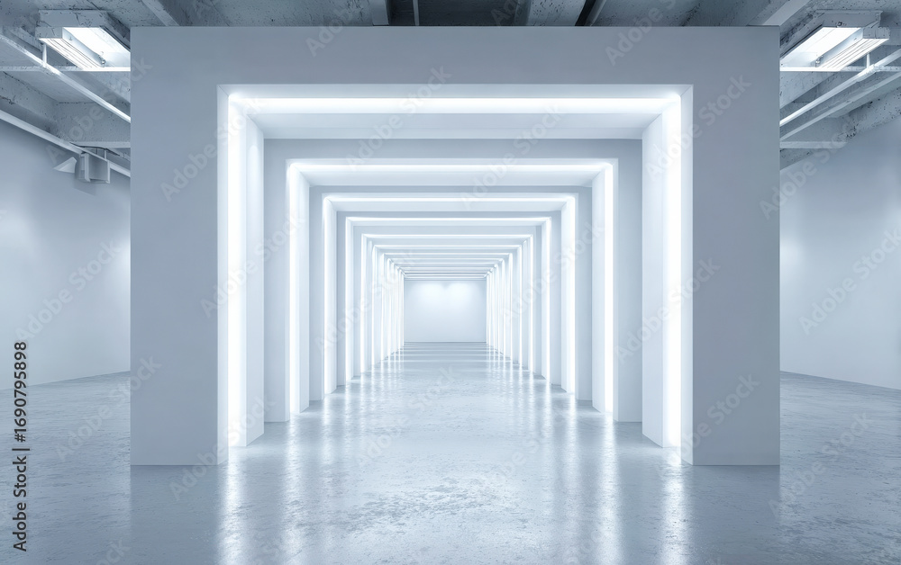 Fototapeta premium Modern white corridor with bright neon lights and empty space
