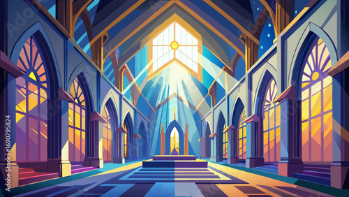 Vector art of an aweinspiring cathedral interior bathed in golden sunlight streaming through stained glass windows, creating a majestic and spiritual atmosphere