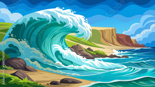 Vector art of a dynamic vector illustration of a powerful wave crashing on a beach with cliffs, rocks, and lush greenery, under a bright blue sky, creating a scenic view