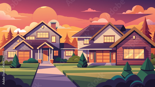 Vector art of a serene vector illustration of suburban houses at sunset, with colorful skies, manicured lawns, and trees, creating a peaceful neighborhood scene