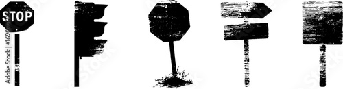 Grunge black and white traffic sign illustrations for urban design and vintage style