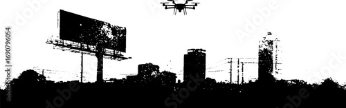 Urban grunge silhouette of billboard and skyline with drone in black and white for design