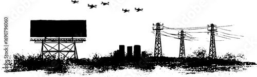 Urban landscape with drones and billboards in grunge black and white