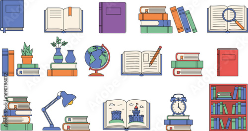 Book and study icon set featuring globe, lamp, pencil, magnifier, bookshelf, clock, plant, learning tools, colorful vector illustration