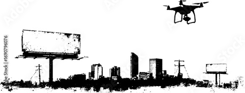 Grunge black and white urban skyline with billboard and drone for design projects